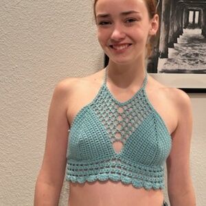 HAND CRAFTED CROCHET HALTER SMALL BOHEMIAN HIPPIE CROP TANK TOP OFF THE SHOULDER